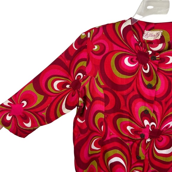 Vintage 70s Flower Power Red Mandarin Collar Half Sleeve Button Front Tunic M - Picture 3 of 5